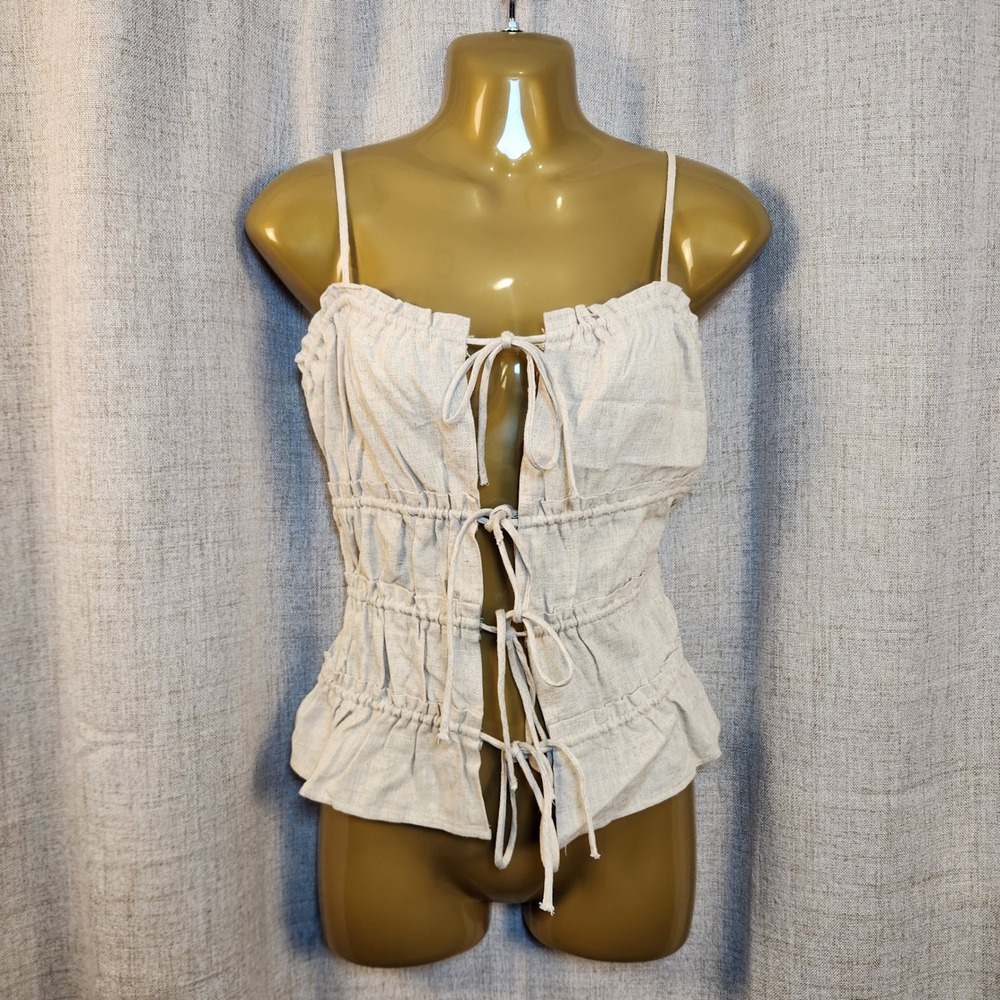 Divided H&M Sleeveless Strappy Top Women's S Beige Open Front Ruffle Linen Blend